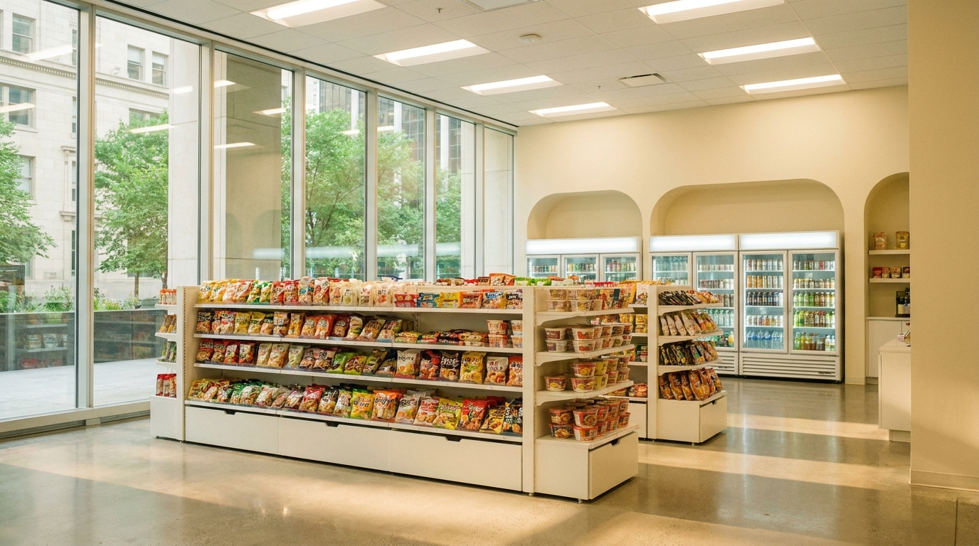 Bright konbini interior with snack shelves and glass-door drink fridges