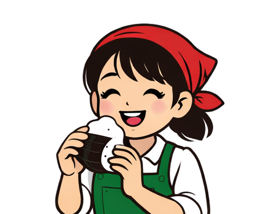Kim's Market mascot, a smiling girl in a red bandana eating an onigiri