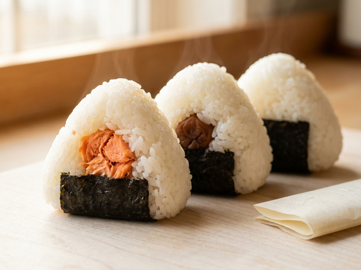 Three freshly made onigiri rice balls on a wooden counter, one showing a salmon filling